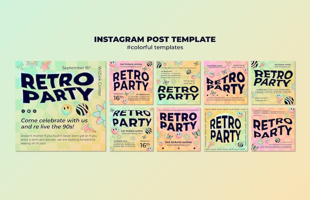 PSD gratuito modello di post instagram per feste retrò sfumate