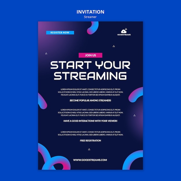 PSD gratuito modello di invito streamer sfumato