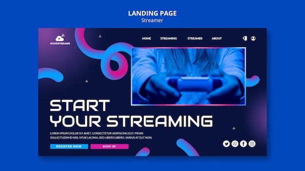 PSD gratuito modello di pagina di destinazione streamer sfumato