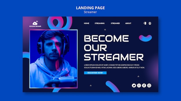 PSD gratuito modello di pagina di destinazione streamer sfumato