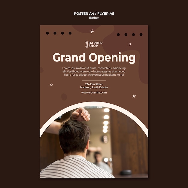 Free PSD grand opening man at barber shop poster template