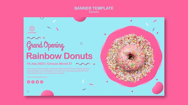 Free PSD grand opening rainbow doughnuts banner template