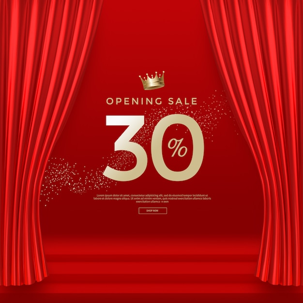 Grand opening sale banner template with luxury red silk velvet curtains.