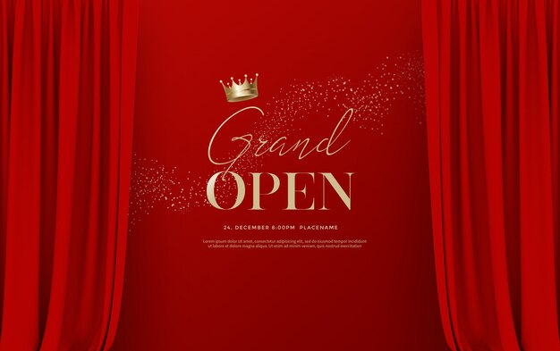 Grand opening text template with illustration of luxury red silk velvet curtains