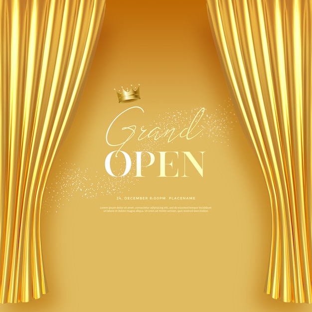 Grand opening text template with luxury golden silk velvet curtains.