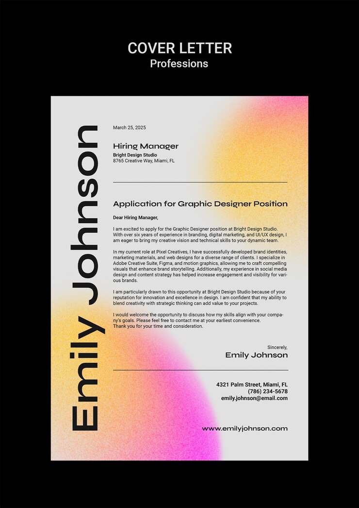 Free PSD graphic designer cover letter - application for bright design studio