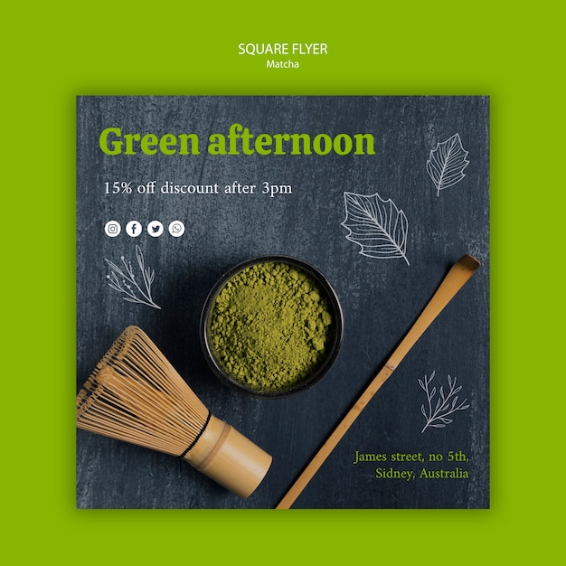 Free PSD green afternoon matcha tea square flyer