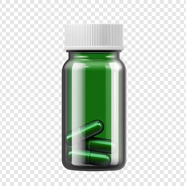 Free PSD green glass pill bottle with capsules a pharmaceutical image