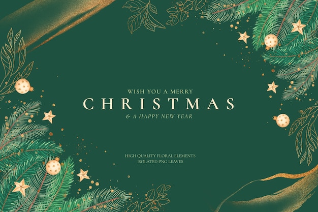 免费PSD绿色和金色的圣诞背景与饰品