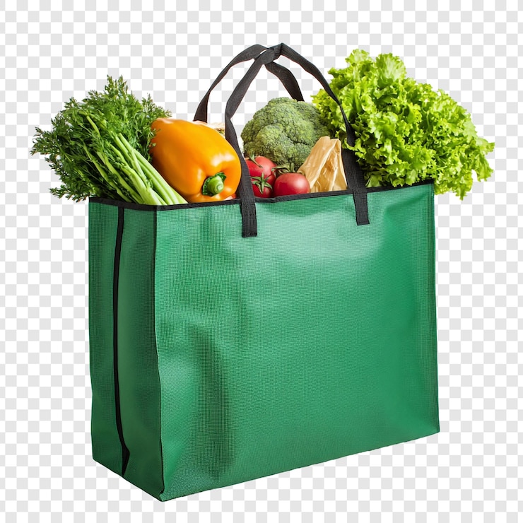 Free PSD green shopping bag full of fresh vegetables and produce