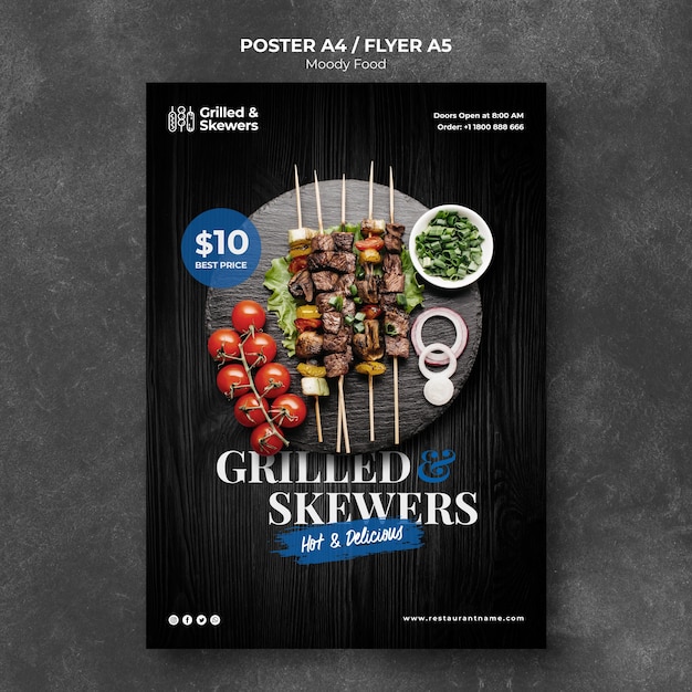 Grilled skewers with veggies restaurant poster template