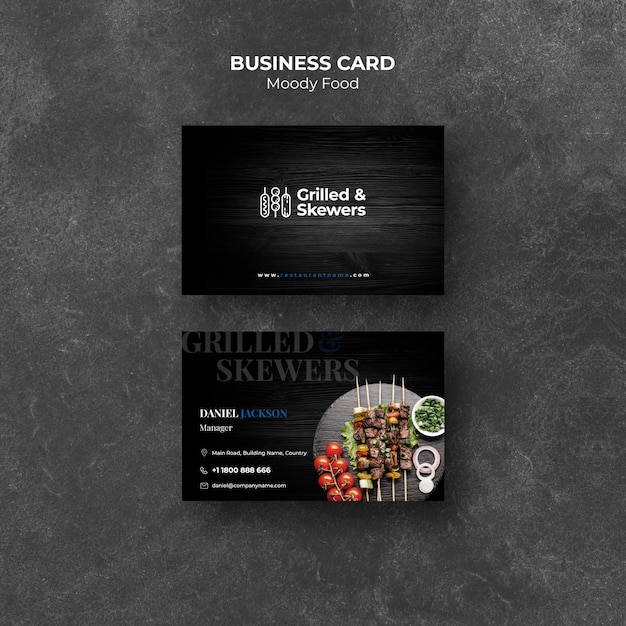 Free PSD grilled steak and veggies restaurant business card template