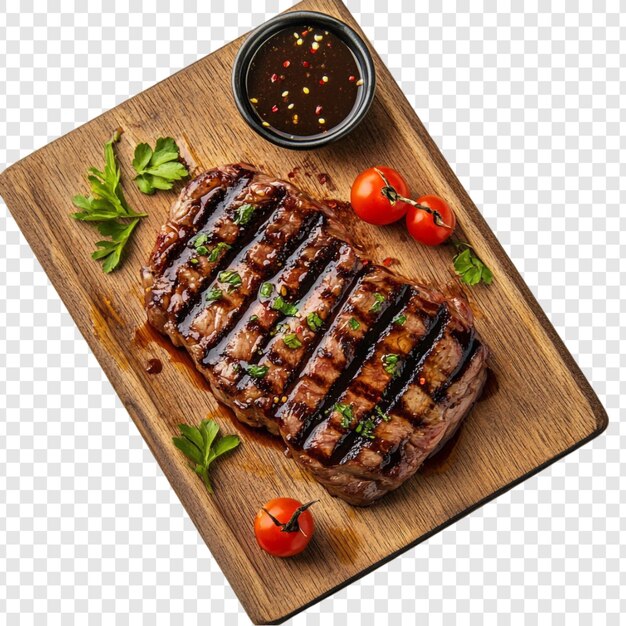 ソースとチェリートマトで木製の板で焼いたステーキ
