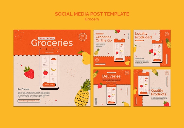 PSD gratuito raccolta di post sui social media del servizio di consegna di generi alimentari