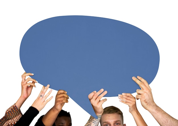 Free PSD group of diversity people holding speech bubble sign