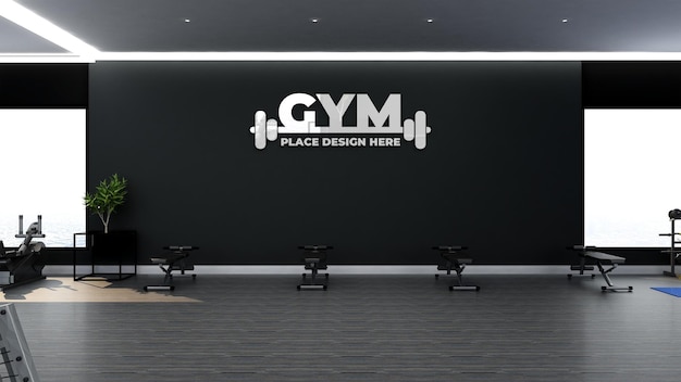 검은색 벽이 있는 현대적인 체육관 인테리어 디자인의 체육관 로고 모형 프리미엄 PSD 파일