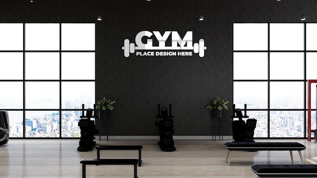 검은색 벽이 있는 운동선수 피트니스 또는 체육관에서 체육관 벽 로고 모형