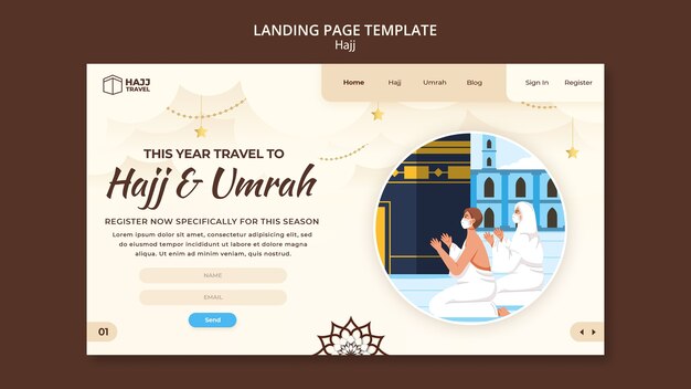 Hajj landing page template with mecca and people praying