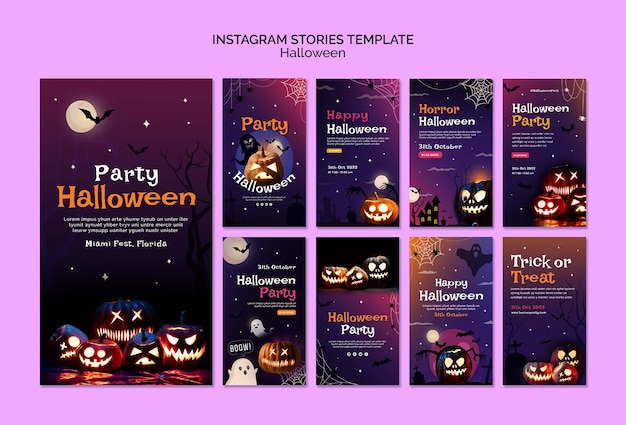 Бесплатный PSD Коллекция рассказов instagram на хэллоуин со страшными тыквами