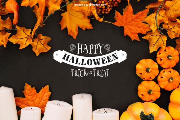 Halloween mockup with autumn leaves and candles