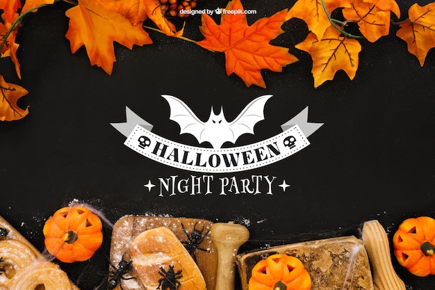 Бесплатный PSD Хэллоуин макет с листьями и хлебом
