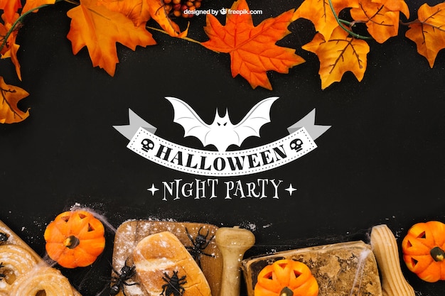 Free PSD halloween mockup with leaves and bread