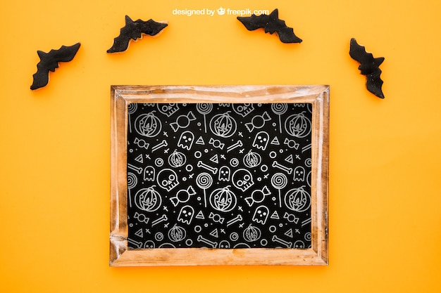 Halloween mockup with slate and bats