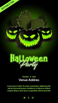 Halloween night party poster with 3d style pumpkin and graves illustration