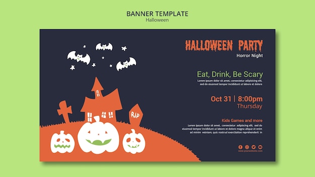 Halloween party banner template with pumpkin and bats