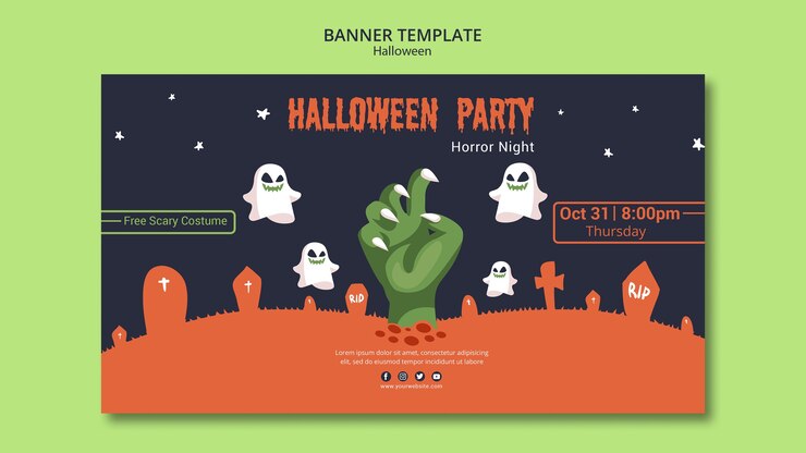 Free PSD halloween party banner template with zombie hands