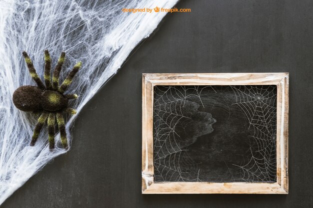 Halloween slate mockup with cobweb and spider