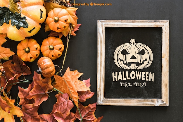 Halloween slate mockup with leaves and pumpkins