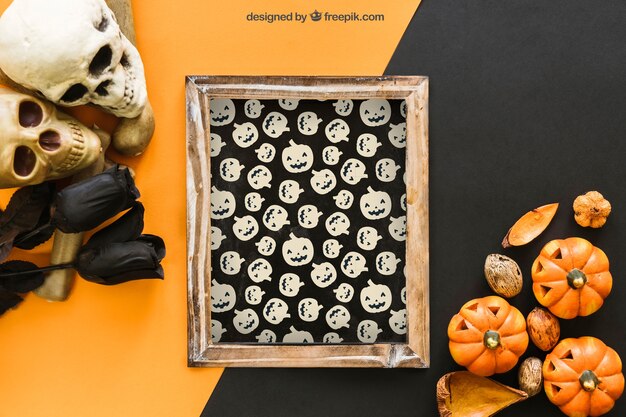 halloween slate mockup with skulls and black roses