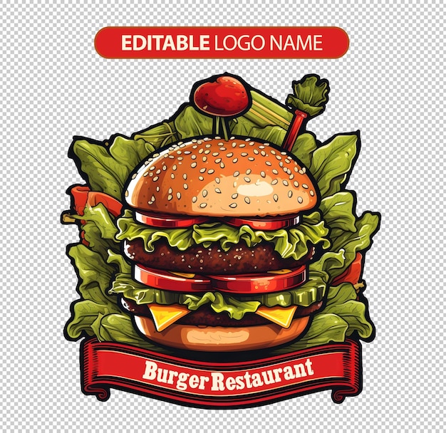 PSD gratuito hamburger con il logo del nastro del distintivo