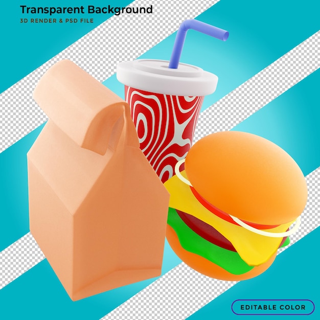Hamburgers donuts french fries and soft drinks 3d rendering