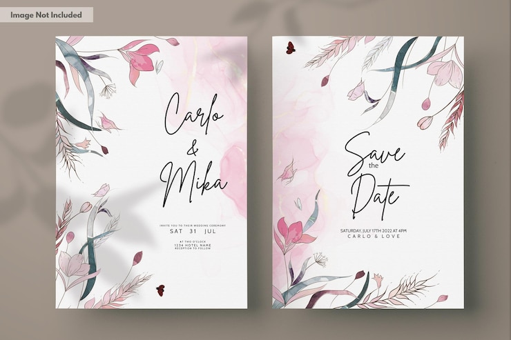 Free PSD hand drawing watercolor with line art floral  wedding invitation card