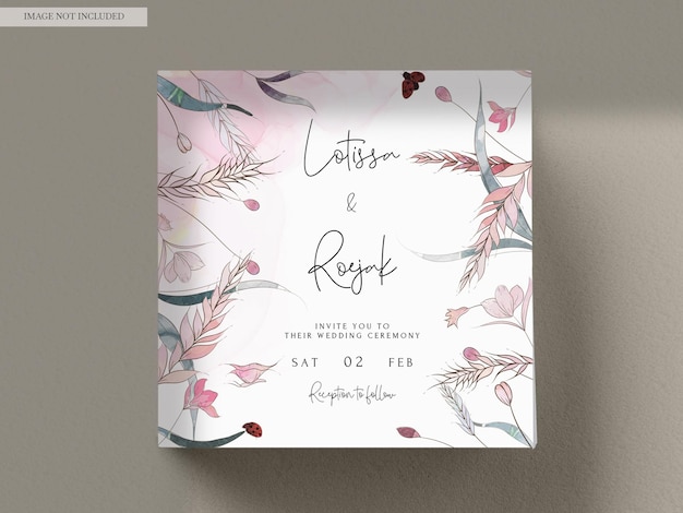 Hand drawing watercolor with line art floral  wedding invitation card