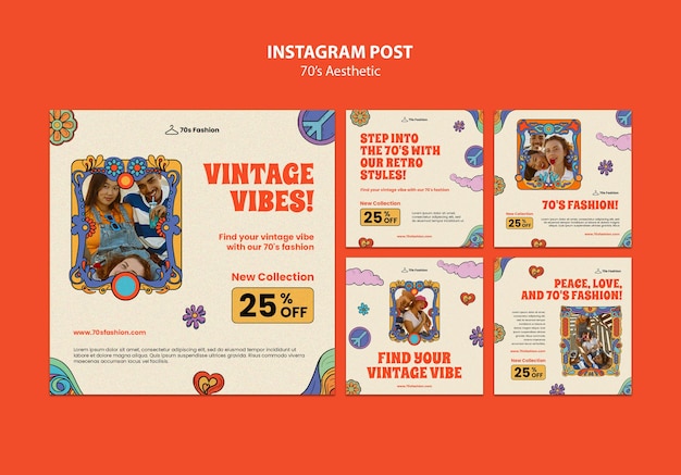 無料PSD 手描きの 70 年代の美的な instagram の投稿