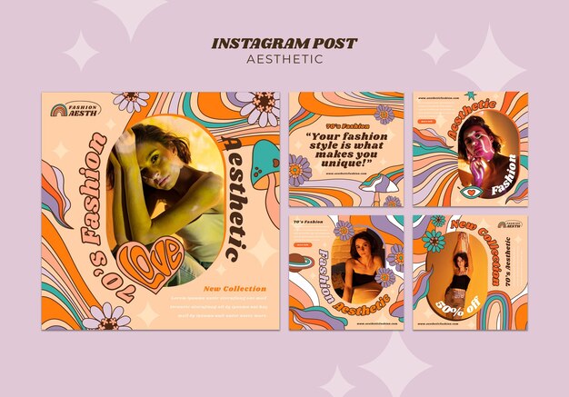 Free PSD hand drawn 70s aesthetic instagram posts