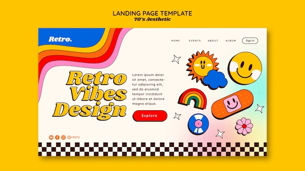 PSD gratuito modello di landing page estetica anni '70 disegnato a mano