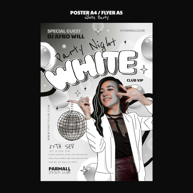 Free PSD hand drawn all white party poster template