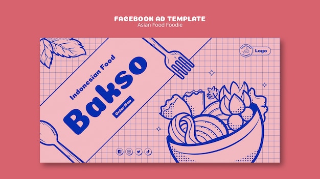 PSD gratuito modello di facebook di cibo asiatico disegnato a mano