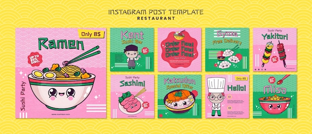 Free PSD hand drawn asian restaurant instagram posts