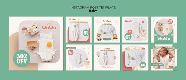 Free PSD hand drawn baby items instagram posts