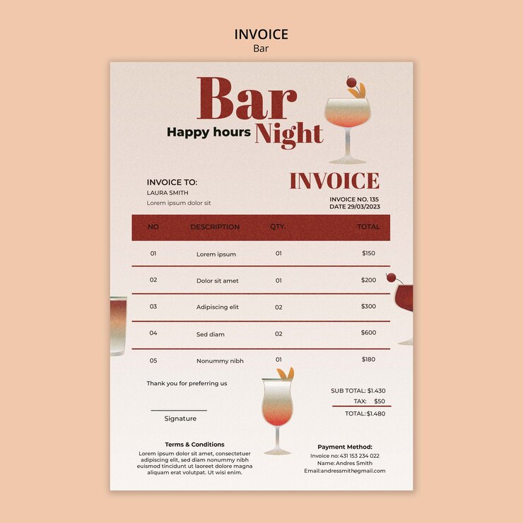Free PSD hand drawn bar and lounge invoice template