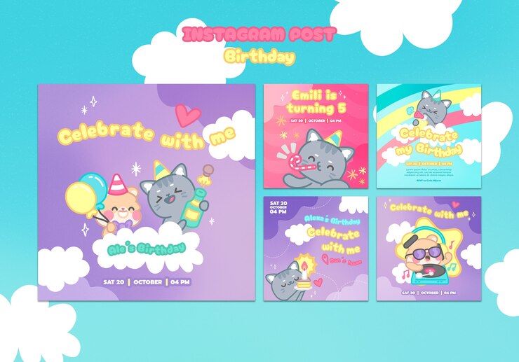 Free PSD hand drawn birthday celebration instagram posts