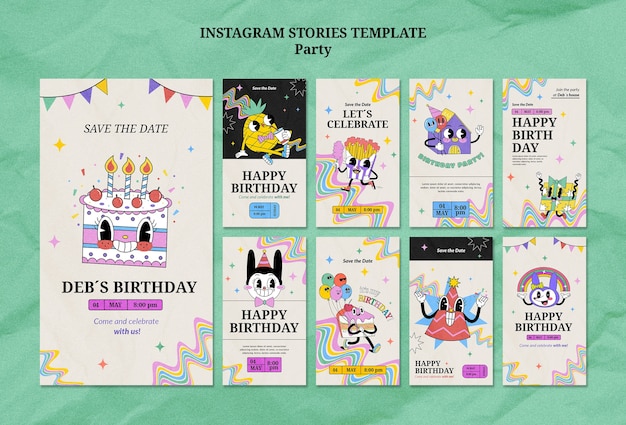 Free PSD hand drawn birthday party instagram stories