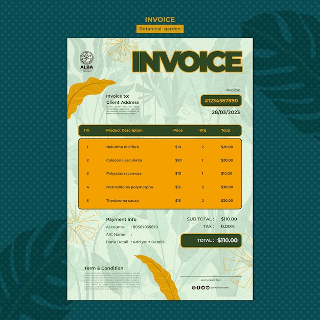 Free PSD hand drawn botanical garden invoice template