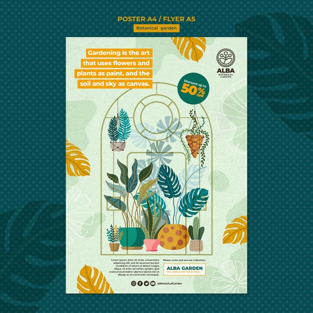 PSD gratuito manifesto del giardino botanico disegnato a mano