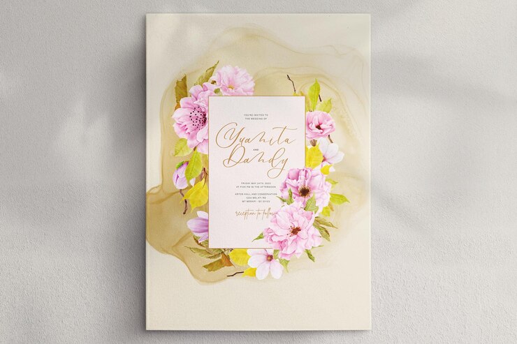 Free PSD hand drawn cherry blossom invitation card set